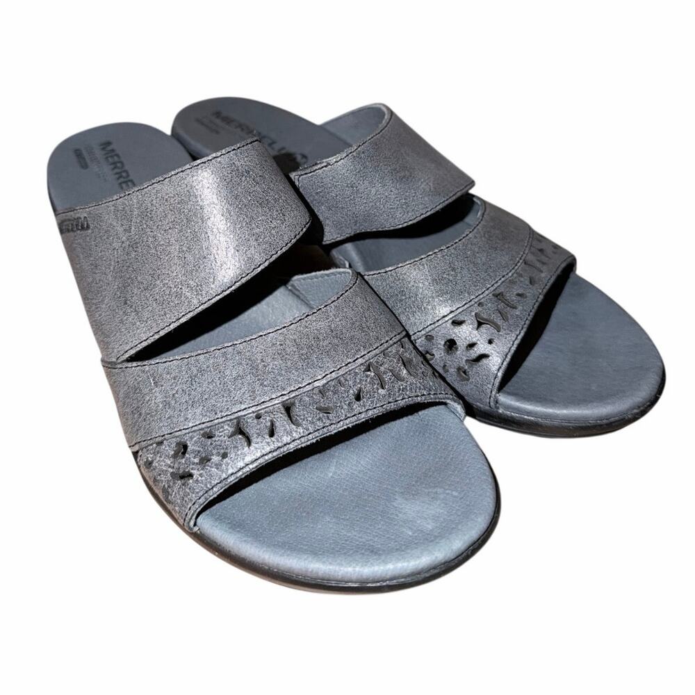 Merrell dusty blue 2 strap heeled slip on sandal comfort shoe women’s 8 veranda